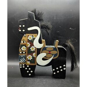 Vintage Yawata Uma Wood Wooden Hand Painted Black Horse 12" Floral Flower
